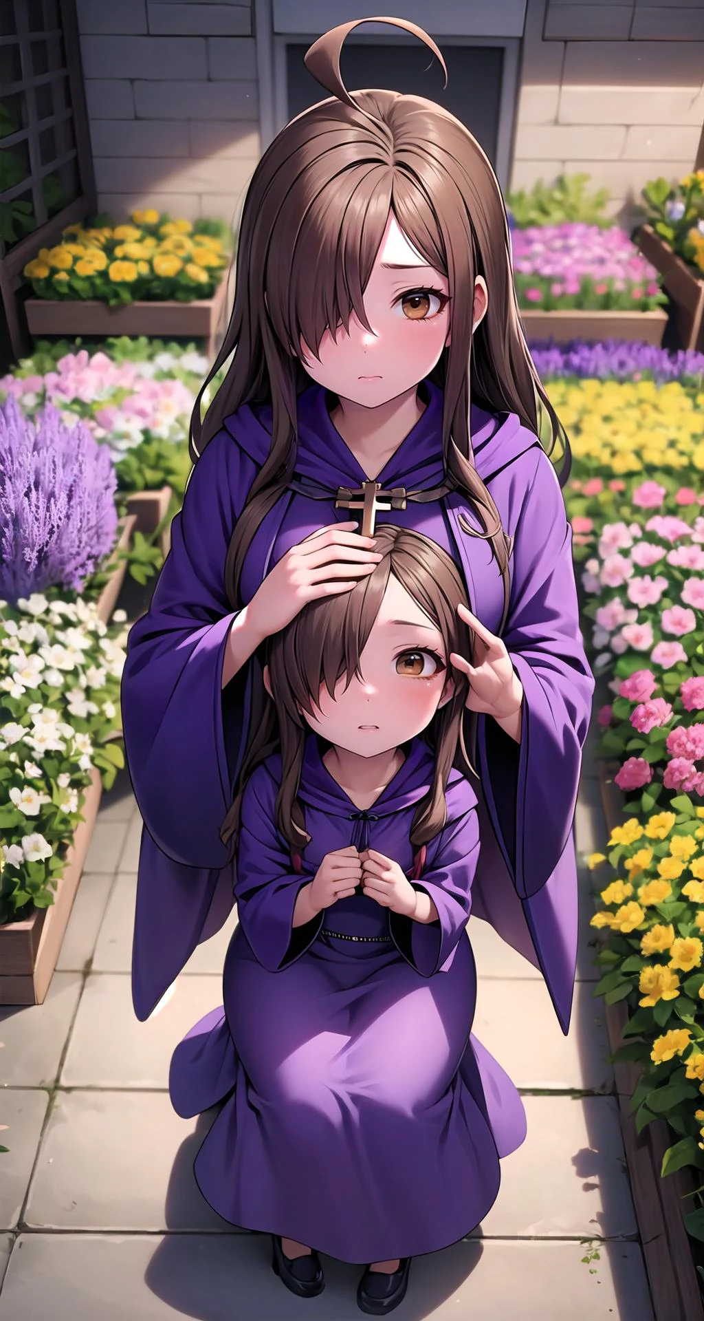 (masterpiece),(intricate details),1girl,mature female,serious _face,
BREAK
konosubawiz, <lora:wiztest:1>, wiz, ahoge, (brown eyes:1.7), light brown hair, (hair over one eye:1.5), long hair, (large breast:1.2), BREAK cross, dress, hood, hood down, jewelry, latin cross, long dress, long sleeves, (purple dress:1.5), robe, (purple robe:1.5)|,
BREAK
((sit on the A vibrant flower market bursts with a kaleidoscope of colors, as countless blooms fill the air with their intoxicating scents, inviting visitors to revel in nature's beauty.)),cumulonimbus,((full body)),from above:1.1,depth of field,looking at viewer