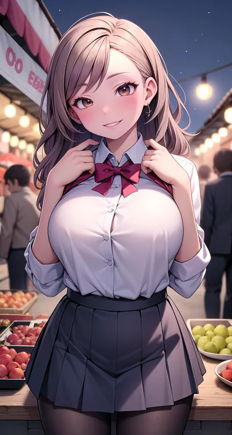(masterpiece),(intricate details),1girl,mature female,messy hair,,smile,pale skin,large breasts,brown eyes BREAK school uniform,ribborn,pleated skirt,pantyhose,high heels, BREAK night,sunset,dusk,((cumulonimbus)),((reclining on the A vibrant street market immerses visitors in a sensory feast, with exotic fruits, aromatic spices, and local handicrafts enticing passersby with their vibrant colors and scents.)),((upper body,portrait)),from below:1.3,depth of field,looking at viewer,