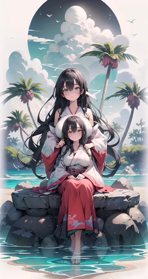 (masterpiece,intricate details),1girl,mature female,scornful _face, BREAK kasumiiwato, <lora:kasumiiwatotest:1>, kasumi iwato, long hair, (black hair:1.5), (green eyes:1.3), (huge breast:1.2), (hair between eyes:1.5), BREAK skirt, cleavage, japanese clothes, hakama, hakama skirt, miko| ((sit on the A secluded beach paradise awaits, with powdery white sands, crystal-clear waters, and swaying palm trees that create a haven of tranquility and natural beauty.)),((cumulonimbus)),((full body)),from below:1.1,depth of field,looking at viewer,<lora:liuyunV5:0.7>