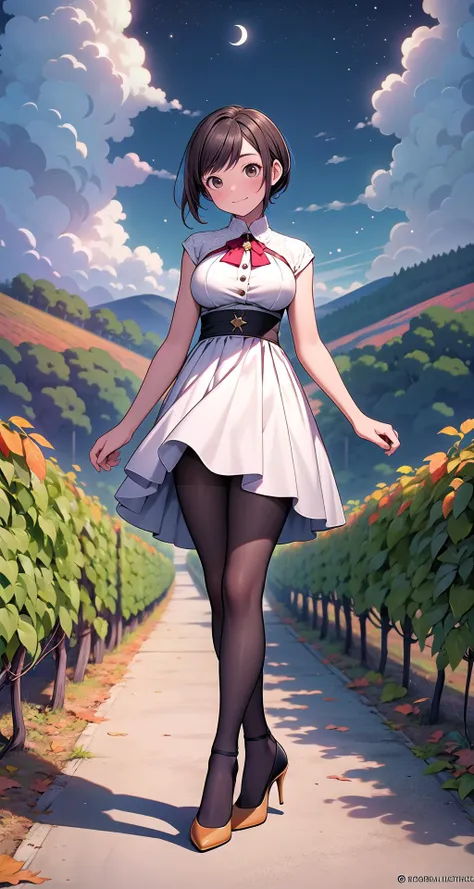 (masterpiece),(intricate details),1girl,mature female,Sleek pixie cut,,pale skin,huge breasts:1.49,light smile, brown eyes
BREAK
tunic_dress,
((pantyhose,high heels)),
((standing on the A picturesque hillside vineyard offers panoramic views of neatly arranged rows of grapevines, their leaves turning vibrant shades of red, orange, and gold in the autumn.)),((upper body,portrait)),from below:1.1,depth of field,looking at viewer
BREAK
moon,night,meteor,cinematic lighting,((cumulonimbus)),