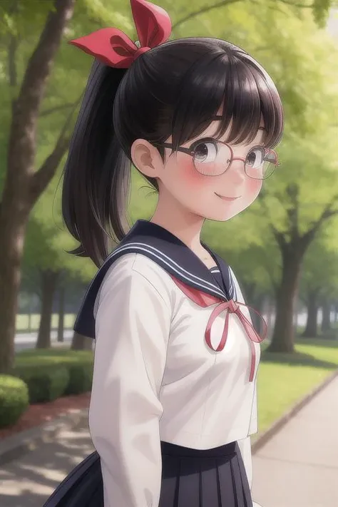 masterpiece, best quality,ultra detail, <lora:anmnr01:0.3>  <lora:add_detail:0.5>,<lora:GoodHands-vanilla:0.8>,girl,park,tree-lined avenue,smile,blush,white sailor uniform,black ponytail,red ribbon.navy plits skirt,glasses,strong wind,dutch angle,upper body