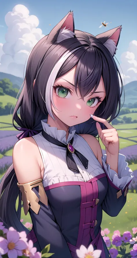 (masterpiece,intricate details),1girl,mature female,serious _face, BREAK karyl, <lora:karyltest:1>, BREAK karyl, animal ear fluff, animal ears, black hair, black ribbon, cat ears, cat girl, cat tail, fang, (green eyes:1.5), hair bow, long hair, low twintails, multicolored hair, purple bow, ribbon, skin fang, streaked hair, tail, twintails, vertical stripes, white hair, BREAK arm support, bare shoulders, blue sleeves, bow, brooch, detached sleeves, dress, frilled sleeves, frills, multicolored clothes, multicolored dress, neck ribbon, sleeveless, sleeveless dress, striped| ((standing on the A tranquil lavender field stretches as far as the eye can see, its fragrant blooms painting the landscape in shades of purple, attracting bees with their sweet nectar.)),((cumulonimbus)),((upper body,portrait)),from below:1.3,depth of field,looking at viewer,