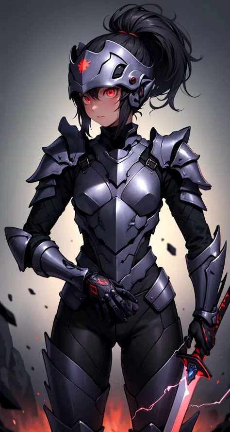 masterpiece, best quality, high resolution, highres, absurdres, extremely delicate and beautiful, ultra detailed, perfect details, shiny skin, berserker, 1girl, armor, black armor, red fire, black theme, electricity, full armor, gauntlets, glowing, glowing eyes, helmet, holding, holding sword, holding weapon, female_focus, pauldrons, shoulder armor, solo, weapon, sword, flame, volcano, ponytail, black hair, red eyes