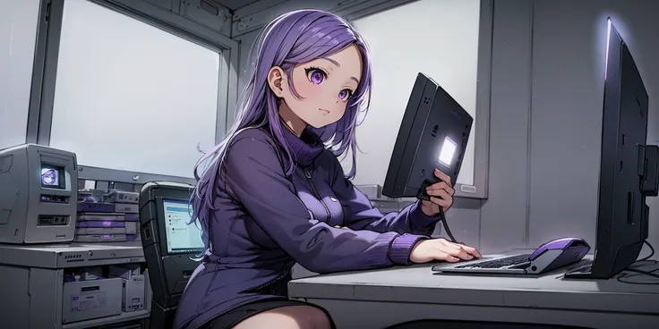 (masterpiece, best quality, high resolution, dynamic purple lighting, dark Ambient Lighting,phong Shading,:1.3) , girl sitting on front of computer,