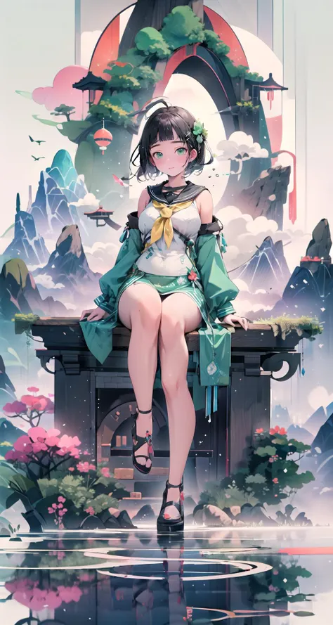(masterpiece,intricate details),1girl,mature female,charmed _face, BREAK suguhakirigaya, <lora:suguhakirigayatest:1>, suguha kirigaya, (green eyes:1.2), hair ornament, hairclip, short hair, black hair, BREAK black sailor collar, collarbone, neckerchief, sailor collar, yellow neckerchief| ((sit on the A pristine alpine lake nestles between majestic mountains, its mirror-like surface reflecting the towering peaks and the beauty of the surrounding landscape.)),((cumulonimbus)),((full body)),from above:1.4,depth of field,looking at viewer,<lora:liuyunV5:1>