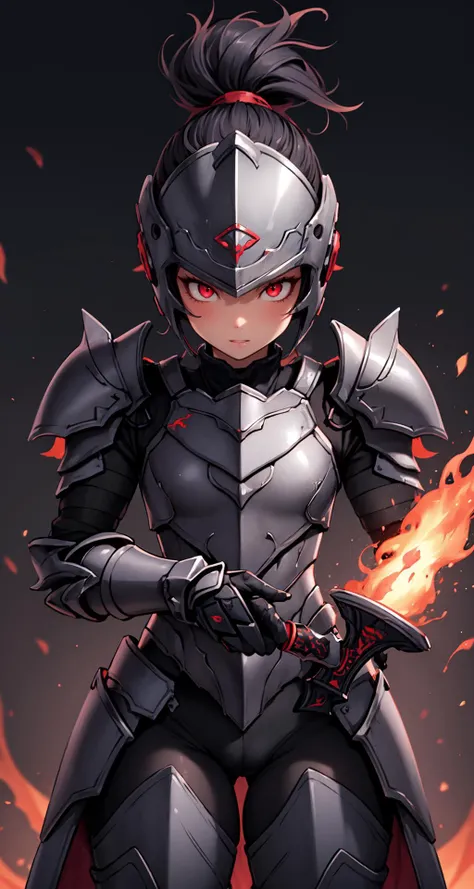 masterpiece, best quality, high resolution, highres, absurdres, extremely delicate and beautiful, ultra detailed, perfect details, shiny skin, berserker, 1girl, armor, black armor, red fire, black theme, electricity, full armor, gauntlets, glowing, glowing eyes, helmet, holding, holding sword, holding weapon, female_focus, pauldrons, shoulder armor, solo, weapon, sword, flame, volcano, ponytail, black hair, red eyes