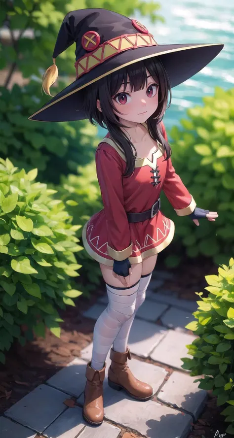 ((masterpiece,intricate details)),1girl,mature female,:3
BREAK
<lora:megumin:1>, megumin, short hair, short hair with long locks, dress, red dress, hat, witch hat, gloves, black gloves, thighhighs, bandages, fingerless gloves, long sleeves, bandaged leg, black thighhighs, single thighhigh
BREAK
, Water_garden,,((full body)),from above:1.3,depth of field,looking at viewer,<lora:bonten-09:0.7>