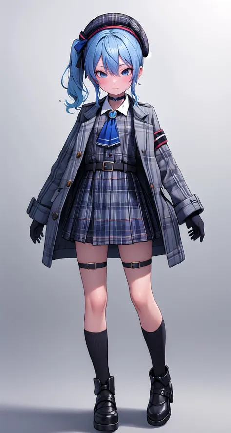 (masterpiece),(intricate details),1girl,mature female,
BREAK
hoshimachisuisei, <lora:suiseihoshimachitest:1>, suisei hoshimachi, blue eyes, blue hair, choker, hair between eyes, medium hair, side ponytail, star choker, BREAK ascot, asymmetrical legwear, belt, beret, black gloves, blue ascot, blue belt, blue bow, blue choker, bow, buttons, choker, collared shirt, crown, gloves, grey headwear, grey jacket, grey skirt, hat, jacket, jewelry, kneehighs, long sleeves, miniskirt, mismatched legwear, partially fingerless gloves, pendant, plaid, plaid jacket, plaid skirt, shirt, single kneehigh, single sock, skirt, skirt set, socks, star choker, star print, thigh strap, uneven legwear, white shirt|,
<lora:3dcharacter-000004:0.6:MIDD>, 3dcharacter, model pose
BREAK
(full body),simple background, (random gradient background:1.1)