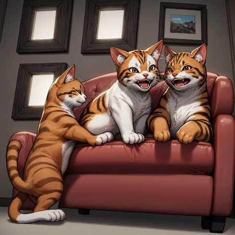 (masterpiece, best quality, high resolution, dark dynamic lighting:1.1), orange Tabby cat, hugging cat,close eyes, very happy, extremely happy,face on cat fur, cat screaming, <lora:add_detail:0.25>, sitting on sofa, lying on sofa,