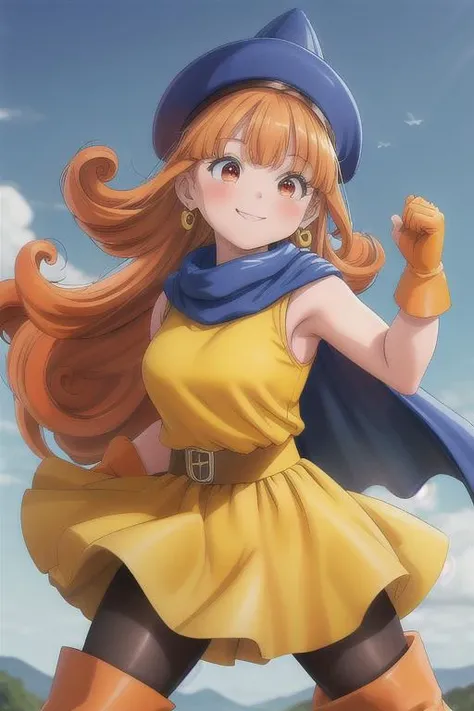 masterpiece, best quality,ultra detail, <lora:anmnr01:0.3> <lora:add_detail:0.5>,<lora:GoodHands-vanilla:0.8>,girl,smile,blush,strong wind,dutch angle,upper body <lora:dq4-alena:0.7>,dq4-alena,black pantyhose,blue cape,blue headwear,boots,curly hair,earrings,long hair,orange gloves,orange hair,red eyes,sleeveless,yellow dress,yellow skirt,fighting stance