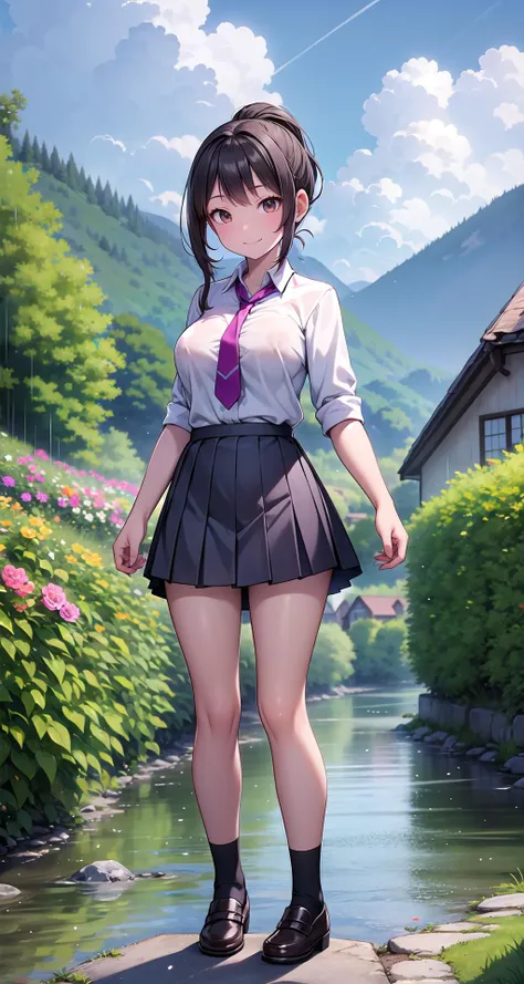 (masterpiece),(intricate details),1girl,mature female,Neat ponytail,,pale skin,large breasts:1.49,smile,brown eyes
BREAK 
school uniform,necktie,pleated skirt,
((standing on the A quaint village nestles in a picturesque valley, its charming cottages adorned with colorful flowers, while a meandering river meekly flows through the heart of the idyllic setting.)),((full body)),from below:1.4,depth of field,looking at viewer
BREAK
darkened sky,raining,((cumulonimbus)),