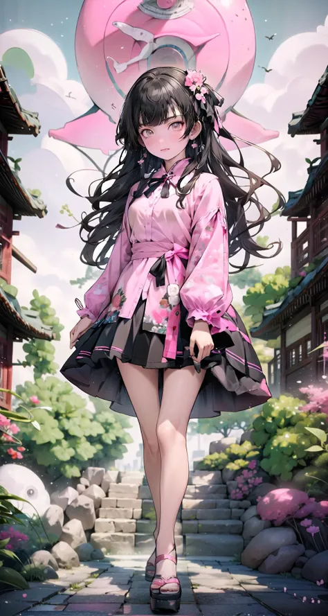 (masterpiece,intricate details),1girl,mature female,angry _face, BREAK fuyukomayuzumi, <lora:fuyukotest:1>, BREAK fuyuko mayuzumi, black hair, (brown eyes:1.5), long hair, two side up, BREAK black bow, black bowtie, black ribbon, black skirt, bow, bowtie, frilled shirt, frills, jirai kei, long sleeves, neck ribbon, (pink shirt:1.5), ribbon, shirt, skirt, white shirt| ((walking on the A bustling marketplace awakens the senses, with vibrant stalls displaying an array of exotic spices, fruits, and handicrafts, while the lively chatter of vendors fills the air.)),((cumulonimbus)),((full body)),from above:1.3,depth of field,looking at viewer,<lora:liuyunV5:1>