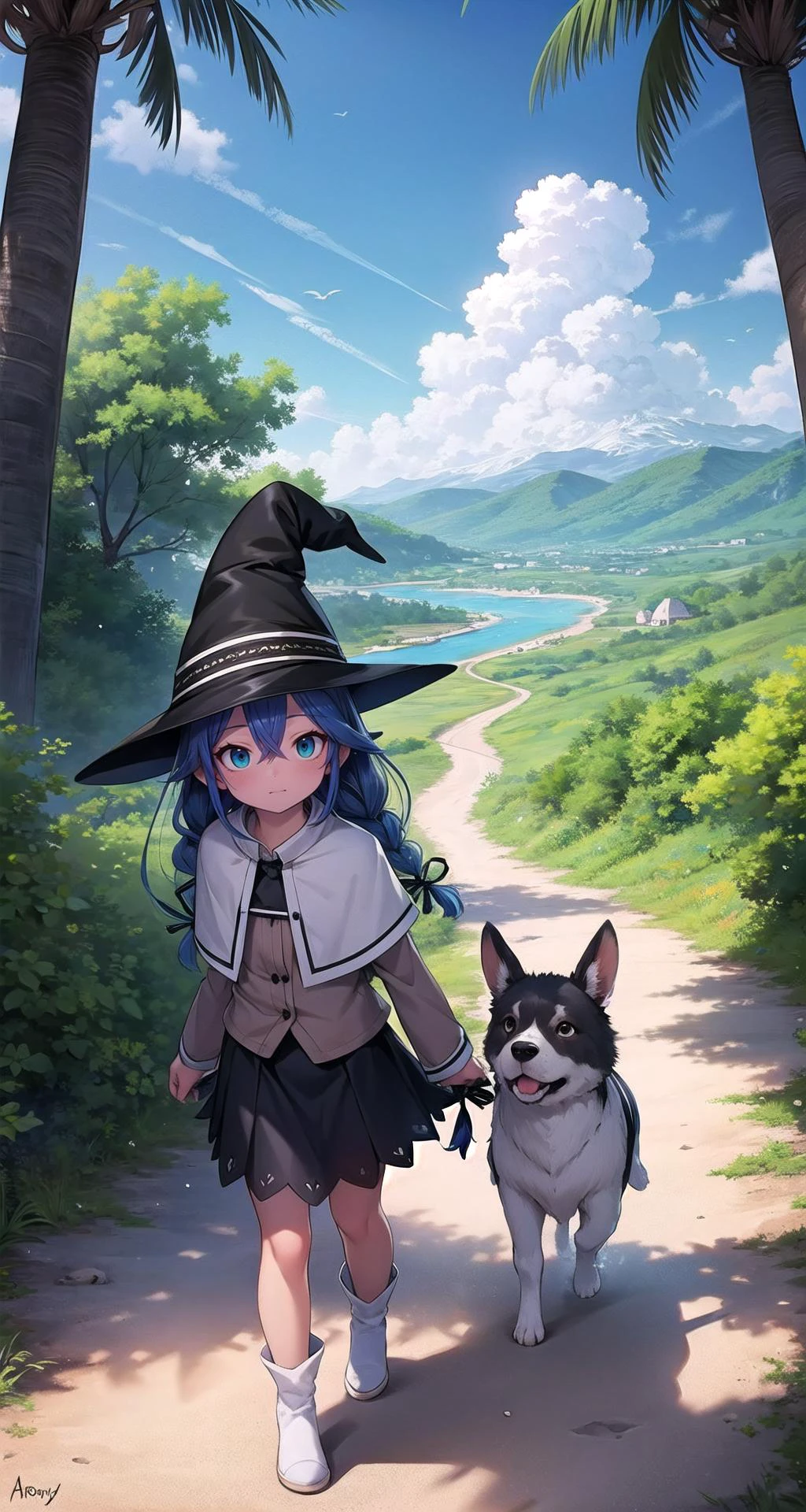 (masterpiece),(intricate details),1girl,mature female,suppressed _face,brown eyes
BREAK
roxymigurdia, <lora:roxytest:1>, roxy, ahoge, black ribbon, blue eyes, blue hair, braid, hair between eyes, hair ribbon, long hair, twin braids, very long hair, hat, witch hat, BREAK black legwear, black skirt, capelet, jacket, brown jacket, long sleeves, miniskirt, open clothes, open jacket, pleated skirt, skirt, white capelet, white footwear, white jacket|
((walking on the A secluded island oasis unveils palm-fringed beaches, turquoise waters teeming with marine life, and swaying hammocks, creating an idyllic paradise far from the bustle of the world.)),((cumulonimbus)),((full body)),from above:1.2,depth of field,looking at viewer