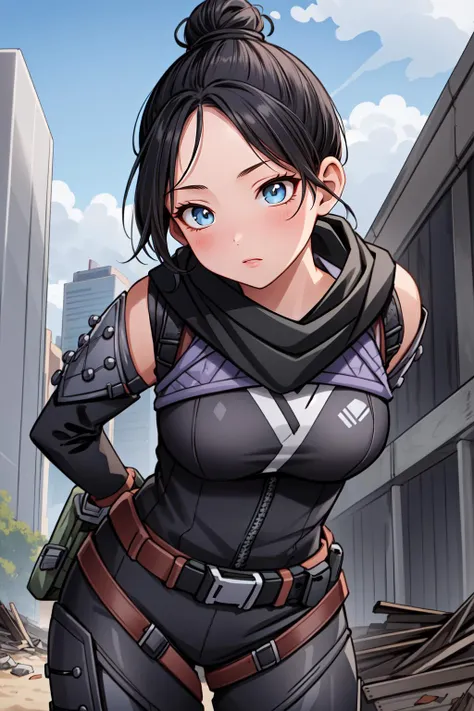 (masterpiece, best quality), intricate details,
1girl, <lora:wraith_(apex_legends):0.8> wraith (apex legends), single hair bun, hair bun, bodysuit, scarf, black bodysuit, holding, breasts, black hair, black scarf, large breasts, blue eyes, belt, brown belt, bangs, parted bangs, hair behind ear, gloves, nose piercing, black gloves, thigh strap,
ruined skyscraper, debris, post-apocalypse, arms behind back, leaning forward,