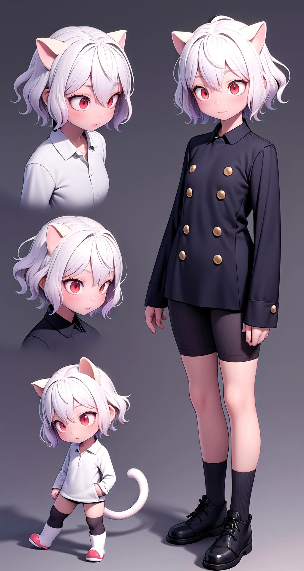 (masterpiece),(intricate details),1girl,mature female,
BREAK
neferpitou, <lora:neferpitou:1>, neferpitou, short hair, (red eyes:1.5), long sleeves, animal ears, tail, white hair, shorts, cat ears, cat tail, curly hair|,chibi,
<lora:3dcharacter-000004:0.6:MIDD>, 3dcharacter,
BREAK
(full body:1.2),simple background, (random gradient background:1.1)