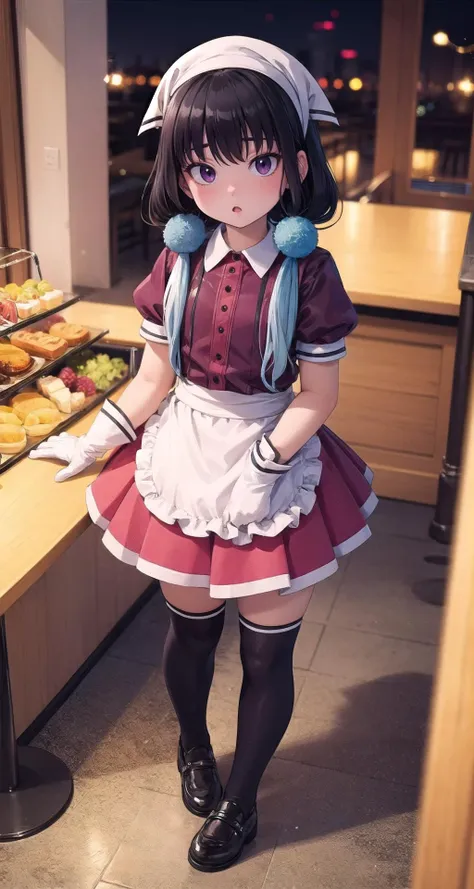 anime girl in a maid outfit standing in front of a counter