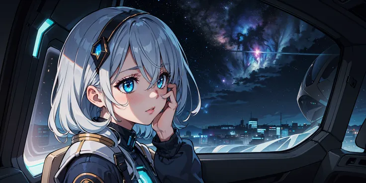 (masterpiece, best quality, highly detailed,dark, dark lighting:1.1) natural lighting, highres, girl, calm, tilted head, (hair covering face:1.2), detailed face, dark, detailed hair, [<lora:more_details:0.55>::15], strapped in seat, looking out of window, interior of spaceship, (hand on face covering eye:1.1), window with galaxy, pulsar, nebula,melancholy,from side, bioluminescent details, leaning on hand,