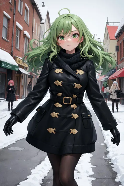 masterpiece, best quality, 1girl, green hair, wavy hair, green eyes, petite, toned, medium breasts,
turtleneck sweater dress, duffel coat, scarf, gloves, black pantyhose,
winter, fashion shoot, cool colors, wind, town,