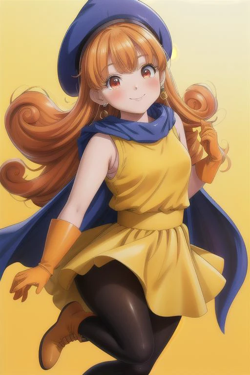 masterpiece, best quality,ultra detail, <lora:anmnr01:0.3> <lora:add_detail:0.5>,<lora:GoodHands-vanilla:0.8>,girl,smile,blush,strong wind,dutch angle,upper body <lora:dq4-alena:0.7>,dq4-alena,black pantyhose,blue cape,blue headwear,boots,curly hair,earrings,long hair,orange gloves,orange hair,red eyes,sleeveless,yellow dress,yellow skirt