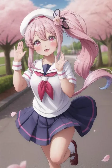 masterpiece, best quality,ultra detail, <lora:anmnr01:0.3> <lora:add_detail:0.5>,<lora:GoodHands-vanilla:0.8>,petite,from above,waving at viewer
,park,tree-lined avenue,evil smile,blush,strong wind, harusame_kantaicollection <lora:harusame_kantaicollection:0.7>,cherryblossom,falling cherry-blossoms,evil smile,fang,open mouth,pink_hair, side_ponytail, long_hair, blue_hair, pink_eyes, gradient_hair, multicolored_hair, ribbon, hair_ornament, hat, beret, serafuku, red_eyes, blush, flower, hair_flower, smile, hair_ribbon,running,dutch angle