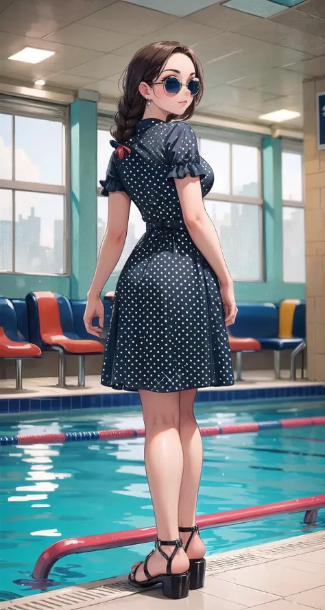 ((masterpiece,intricate details)),1girl,mature female,Braid,,brown eyes, :3,large breasts
BREAK
(Retro_polka_dot_dress:1.4),(Vintage_sunglasses:1.3),(Block-heel_sandals:1.2),(Retro_diner_background:1.4)
BREAK
Swimming pool: Water, submerged, swim, splash, poolside,((full body)),from behind:1.1,depth of field,looking at viewer