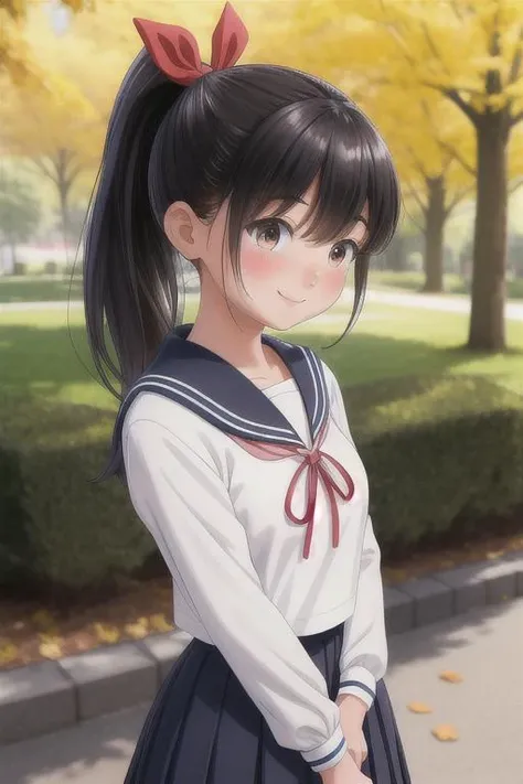 masterpiece, best quality,ultra detail, <lora:anmnr01:0.3>  <lora:add_detail:0.5>,<lora:GoodHands-vanilla:0.8>,girl,park,tree-lined avenue,smile,blush,white sailor uniform,black ponytail,red ribbon.navy plits skirt,strong wind,dutch angle,upper body,curtsey