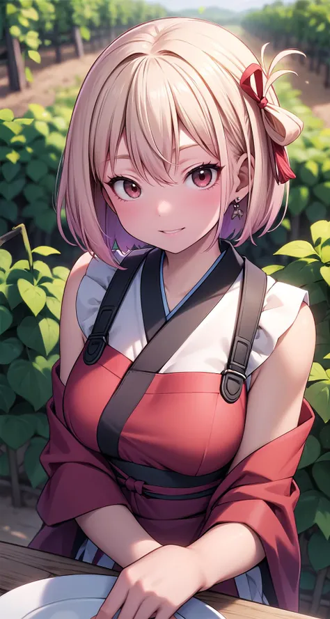 (masterpiece,intricate details),1girl,mature female,bright _face, BREAK chisatonishikigi, <lora:chisatonishikigitest:1>, nishikigi chisato, short hair, bangs, blonde hair, (red eyes:1.5), hair ribbon, one side up, bob cut, BREAK japanese clothes, kimono, apron, red ribbon, waitress, red kimono, BREAK outdoors, track and field| ((sit on the A sprawling vineyard stretches across the rolling hills, rows of vibrant grapevines extending as far as the eye can see, creating a picturesque tapestry of green and purple.)),((cumulonimbus)),((upper body,portrait)),from above:1.3,depth of field,looking at viewer,