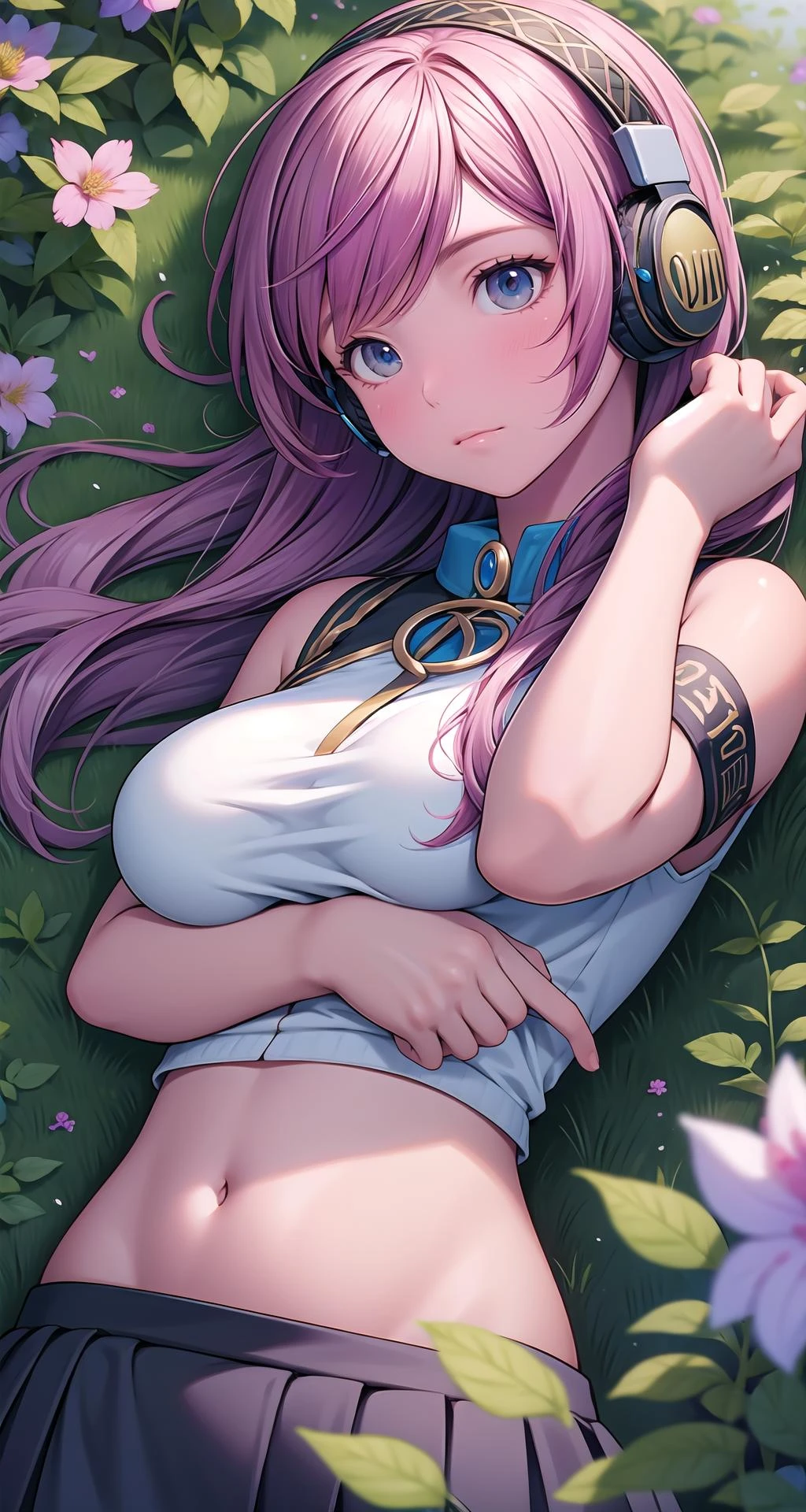 (masterpiece),(intricate details),1girl,mature female,huge breasts:1.49,tired _face,brown eyes
BREAK
lukamegurine, <lora:lukamegurinetest:1>, luka megurine, blue eyes, headphones, long hair, pink hair, (medium breast:1.2), BREAK arm warmers, armband, bare shoulders, black shirt, black skirt, crop top, midriff, navel, shirt, shoulder tattoo, single arm warmer, skirt, tattoo|
((reclining on the A serene countryside path winds through fields of blooming wildflowers, inviting peaceful walks amidst a natural tapestry of vibrant colors and gentle fragrances.)),((upper body,portrait)),from above:1.4
BREAK
day,sun,rainbow,((cumulonimbus)),,depth of field,looking at viewer