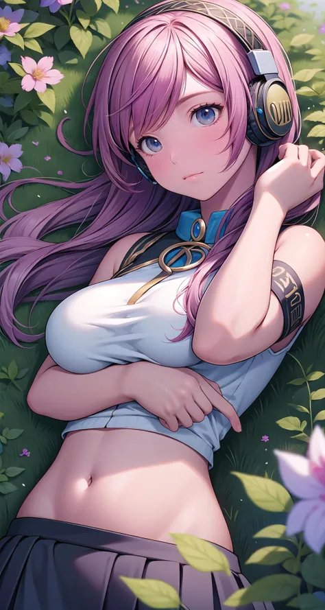 (masterpiece),(intricate details),1girl,mature female,huge breasts:1.49,tired _face,brown eyes
BREAK 
lukamegurine, <lora:lukamegurinetest:1>, luka megurine, blue eyes, headphones, long hair, pink hair, (medium breast:1.2), BREAK arm warmers, armband, bare shoulders, black shirt, black skirt, crop top, midriff, navel, shirt, shoulder tattoo, single arm warmer, skirt, tattoo|
((reclining on the A serene countryside path winds through fields of blooming wildflowers, inviting peaceful walks amidst a natural tapestry of vibrant colors and gentle fragrances.)),((upper body,portrait)),from above:1.4
BREAK
day,sun,rainbow,((cumulonimbus)),,depth of field,looking at viewer