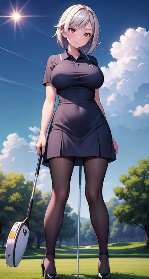 (masterpiece),(intricate details),1girl,mature female,Long layered style,,smile,huge breasts,brown eyes BREAK short sleeves polo collar dress,pantyhose,high heels, BREAK moon,night,meteor,cinematic lighting,((cumulonimbus)),((standing on the Golf course: Clubs, fairway, putt, swing, hole-in-one)),((full body)),from below:1.4,depth of field,looking at viewer