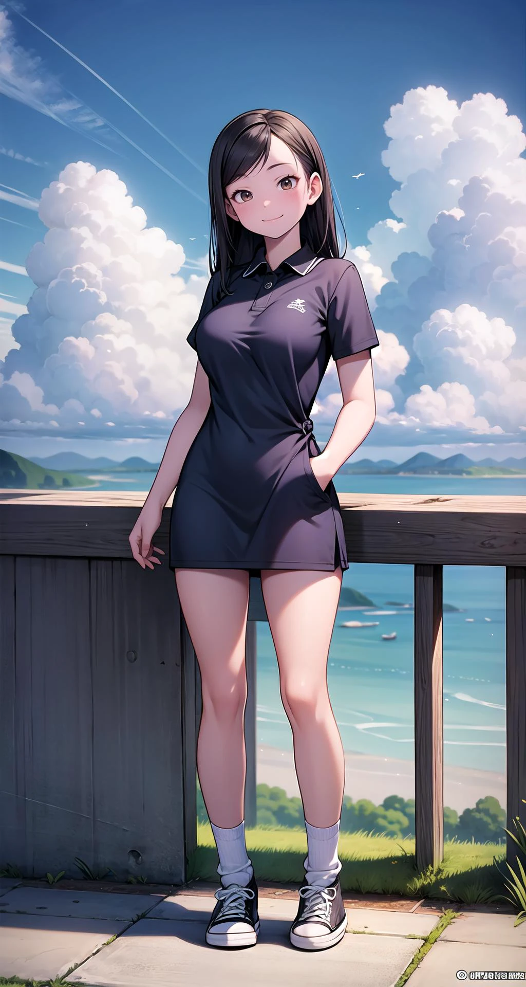 (masterpiece),(intricate details),1girl,mature female,Long bold side bangs,,pale skin,large :1.49,smile,brown eyes
BREAK 
short sleeves polo collar_dress,((baggy socks,converse)),,
((standing on the __BG2__)),((cumulonimbus)),((full body)),from above:1.4,depth of field,looking at viewer
