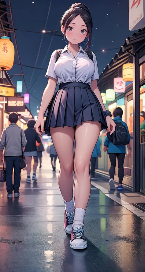 (masterpiece),(intricate details),1girl,mature female,Slicked-back high ponytail,,pale skin,huge breasts:1.2,tearful _face, brown eyes
BREAK 
school uniform,ribborn,pleated skirt,
thick thighs, plump:0.5,((baggy socks,converse)),
((walking on the A vibrant night market illuminates the city streets, with a tapestry of colorful lanterns, sizzling street food stalls, and the lively chatter of locals and tourists alike.)),((full body)),from below:1.4,depth of field
BREAK
day,sun,rainbow,((cumulonimbus)),((looking at viewer))