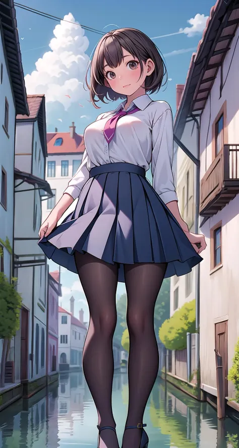 (masterpiece),(intricate details),1girl,mature female,Shaggy cut,,pale skin,large breasts:1.2,sacred _face, brown eyes
BREAK 
school uniform,ribborn,pleated skirt,
thick thighs, plump:0.5,((pantyhose,high heels)),
((standing on the A tranquil canal winds through a charming old town, its picturesque bridges, and pastel-colored houses reflecting in the shimmering waters, creating a scene of timeless beauty.)),((upper body,portrait)),from below:1.3,depth of field
BREAK
day,sun,rainbow,((cumulonimbus)),((looking at viewer))