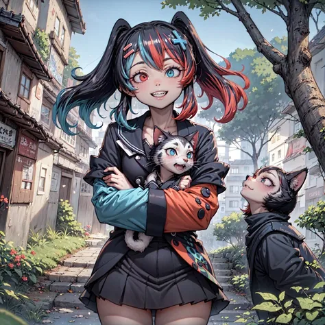 (masterpiece, best quality:1.3), <lora:switchchan2:0.8> , SwitchchanOutfit standing on grass, (hugging cat:1.1), trees,half closed eyes, smiling, tilted head,soft skin, smooth skin, red eyes, blue eyes, heterochromia, from above, looking up, natural light, sunny,
