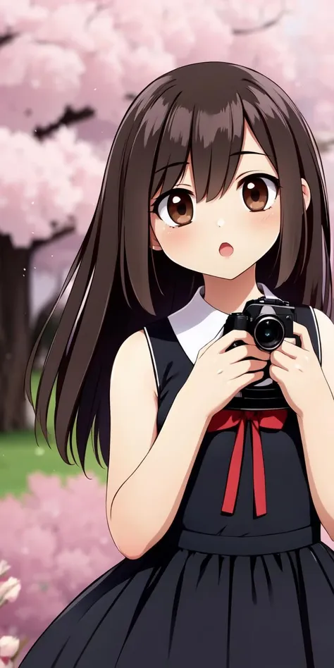 <lora:Carnelian - Artist Style:0.8>, 
1girl, camera, solo, long hair, holding camera, holding, branch, pinafore dress, looking at viewer, long sleeves, dress, blurry, flower, shirt, white shirt, bangs, brown hair, upper body, red ribbon, ribbon, neck ribbon, depth of field, white flower, hair between eyes, parted lips, brown eyes, blurry foreground, collared shirt, blurry background, cherry blossoms, black dress, open mouth, black eyes, sleeveless dress, sleeveless, school uniform, :o, hands up