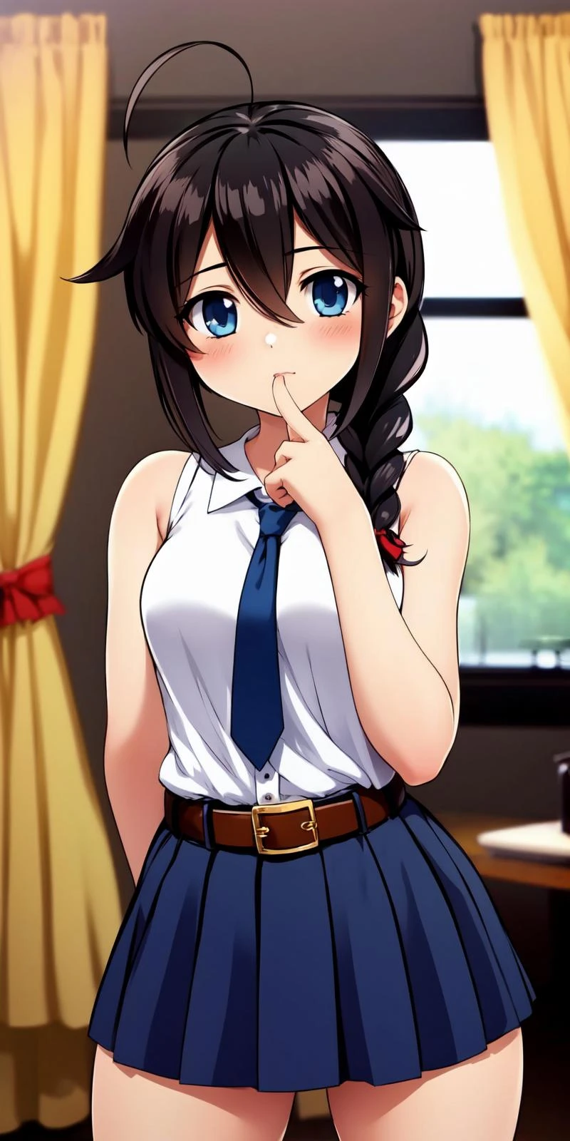<lora:Carnelian - Artist Style:0.8>,
1girl, shigure \(kancolle\), blue eyes, solo, shigure kai ni \(kancolle\), braid, skirt, shirt, window, curtains, hair flaps, white shirt, ahoge, sleeveless shirt, blue skirt, single braid, hair ornament, sleeveless, official alternate costume, blush, holding, brown hair, gift, hair over shoulder, box, long hair, hair between eyes, belt, black hair, valentine, gift box, indoors, curtain grab, cowboy shot, holding gift, looking at viewer, blue necktie