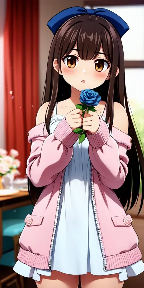 <lora:Carnelian - Artist Style:0.8>,
1girl, solo, breasts, long hair, dress, brown hair, cleavage, brown eyes, looking at viewer, holding, flower, rose, bangs, white dress, medium breasts, petals, blush, blue flower, off shoulder, bare shoulders, bow, hair bow, holding plate, blurry, jacket, pink flower, cake, parted lips, pink jacket, very long hair, blue rose, long sleeves, plate, window, blurry background, food, indoors, sleeveless dress, pink rose, cowboy shot, white bow, open jacket, standing, sleeveless, depth of field, sleeves past wrists, open clothes