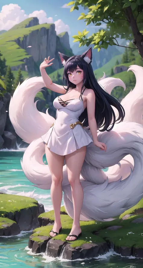 ((masterpiece,intricate details)),1girl,mature female
BREAK
<lora:Ahri-10:1>,ahri (league of legends), yellow eyes, animal ears, black hair, facial mark, fox ears, fox tail, long hair, whisker markings, (((multiple tails, ninetales)))
BREAK
A majestic fjord stretches between towering cliffs, its crystal-clear waters reflecting the rugged landscape, while waterfalls cascade down the steep mountainsides.,((full body)),from below:1.1,depth of field,looking at viewer,