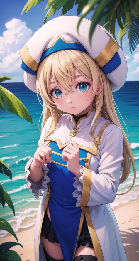 ((masterpiece,intricate details)),1girl,mature female
BREAK
<lora:onna_shinkan:0.9>, onna_shinkan, long hair, hat, long sleeves, dress, white headwear, thighhighs, very long hair, thigh boots, wide sleeves, hair between eyes, white thighhighs
BREAK
vivid blue and green colors of Hawaii's Waipio Valley, where lush vegetation meets the azure waters of the Pacific Ocean,((upper body)),from above:1.3,depth of field,looking at viewer,