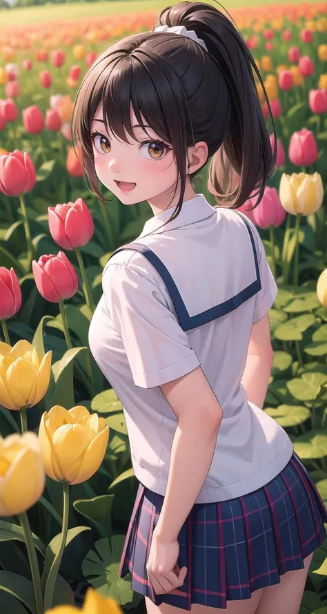 ((masterpiece,intricate details)),1girl,mature female,Neat ponytail,,brown eyes,:d,,,thick thighs, wide hip
BREAK
school uniform,ribborn,miniskirt,sandal
BREAK
vibrant red and yellow tulip fields of the Netherlands, creating a colorful tapestry during the springtime,((upper body,portrait)),from behind:1.1,depth of field,looking at viewer