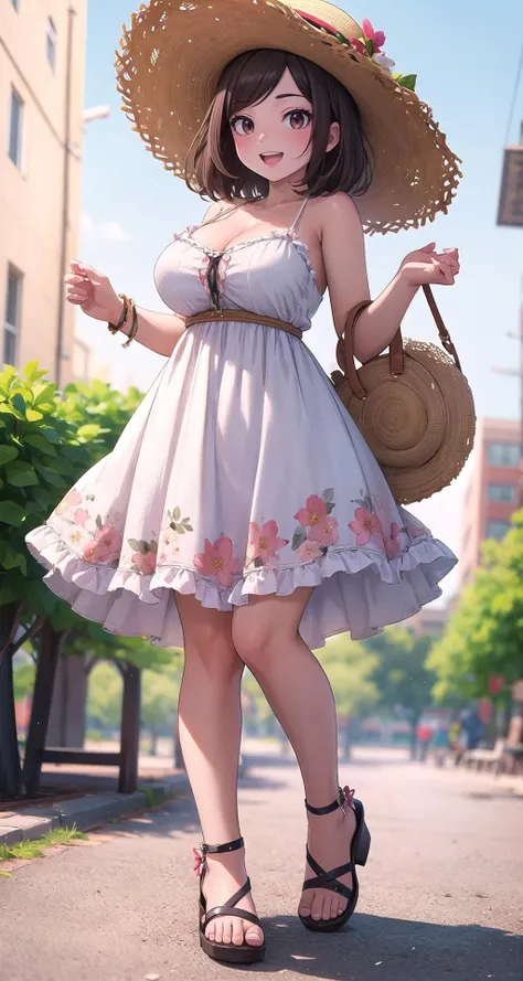 ((masterpiece,intricate details)),1girl,mature female,Long bold side bangs,,brown eyes, :d,huge breasts,,
BREAK
(Floral_summer_dress:1.5),(Strappy_sandals:1.4),(Straw_hat:1.3),(Picnic_park_background:1.2)
BREAK
Music studio: Instruments, recording, mixing, sound, collaboration,((full body)),from below:1.1,depth of field,looking at viewer,