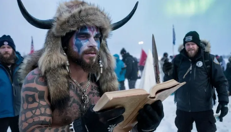 <lora:Q Shaman - Trigger w Qhornguy Person:1>, , qhornguy Person reads a frost-etched spell book, invoking a dance of the northern lights