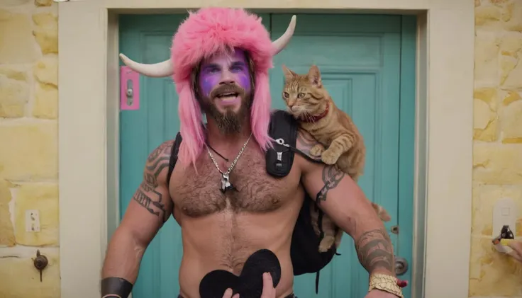 <lora:Q Shaman - Trigger w Qhornguy Person:1> ${nme=qhornguy}, ${nme= }, Film scene starring ${nme} Person, participating in a beauty pageant for cats (in a costume that makes them look like one), shot in a glamorous ballroom, showcasing feline fashion faux pas.|Film moment where ${nme} Person must teach a group of confused aliens about the customs and practices of human dating, emphasizing romantic (and extraterrestrial) missteps.|Movie sequence starring ${nme} Person, as they compete in a cooking contest against the world's pickiest chef, shot in a high-pressure kitchen, showcasing intense culinary battles.|Movie scene with ${nme} Person, opening a door to discover a parallel dimension where cows have taken over the world, emphasizing comedic bovine dominance.|Film sequence featuring ${nme} Person, struggling to escape from a giant bubble they accidentally got stuck in, shot with bright, iridescent visuals, showcasing humorous inflation issues.|Film scene where ${nme} Person, realizes they have been transported to a world where they must compete in an epic game of life-sized Tetris, shot in vibrant, neon-lit arenas, showcasing strategic blocks and unexpected laughs.|Movie scene where ${nme} Person, is forced to host a wild and chaotic party for a group of talking animals, captured in vibrant, energetic shots, highlighting the hilarity of unexpected animal guests.|Movie moment with ${nme} Person, who unwittingly finds themselves in a hot air balloon race across the globe, shot against stunning aerial landscapes, emphasizing dizzying heights and comedic misadventures.