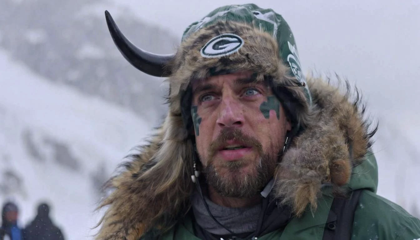 ,,Staring Closeup of aaronrodgers person with qhornguy person person , atop a snowy mountain peak, her breath visible in the crisp air, the camera zooms out to reveal the vast landscape, encapsulating the grandeur of solitude. <lora:Aaron Rodgers SDXL - Trigger is aaronrodgers person:1> <lora:Q Shaman - Trigger w Qhornguy Person:1>