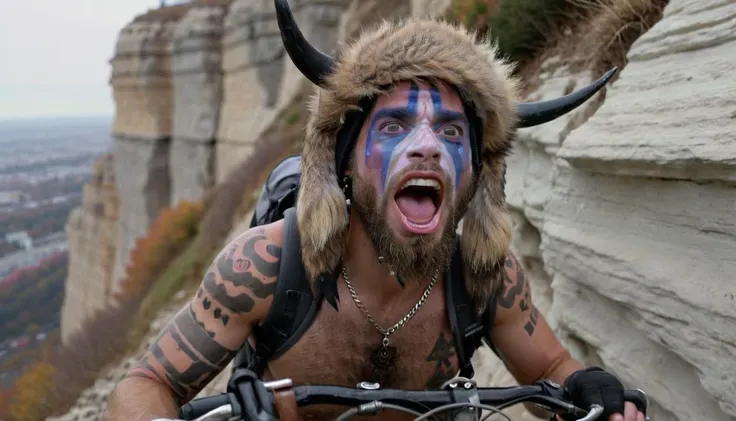 <lora:Q Shaman - Trigger w Qhornguy Person:1> qhornguy person driving a bicycle off the side of a cliff. Closeup on shocked facial expression. Obvious depth perception. Long fall. Cinematic. Crisp, HD image.