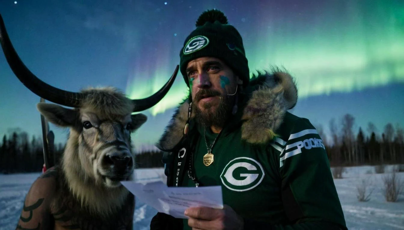 ,,With the Northern Lights shimmering above, Closeup of aaronrodgers person with qhornguy person person pens a letter, her silhouette against the Aurora Borealis, shot in wide-angle, capturing nature's magic. <lora:Aaron Rodgers SDXL - Trigger is aaronrodgers person:1> <lora:Q Shaman - Trigger w Qhornguy Person:1>