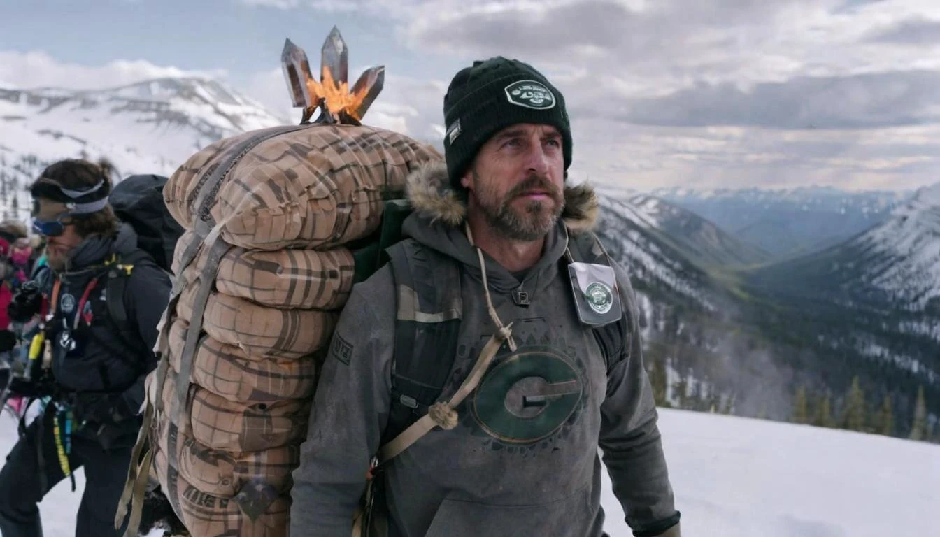 , Film scene featuring aaronrodgers person Person, as they lead an expedition to find the legendary Pillow Mountain, a peak made entirely of ancient cushions, emphasizing soft summits. <lora:Aaron Rodgers SDXL - Trigger is aaronrodgers person:1> <lora:Explosion Artstyle - Trigger is Explosion Artstyle:1> Explosions., <lora:Q Shaman - Trigger w Qhornguy Person:1> qhornguy pers