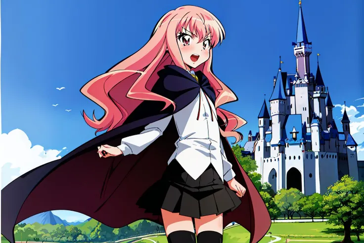 louise zero default, louise francoise le blanc de la valliere, <lora:Louise Zero_v0.2:1>, 1girl, solo, black thighhighs, pentacle, zettai ryouiki, cape, long hair, pink hair, wavy hair, pink eyes, black skirt, standing,  hair between eyes, far away castle