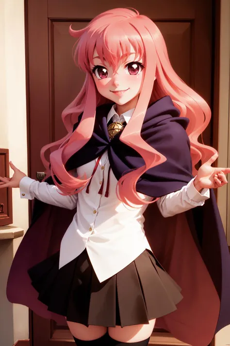 louise zero default, louise francoise le blanc de la valliere, <lora:Louise Zero_v0.2:1>, 1girl, solo, smile, black thighhighs, pentacle, zettai ryouiki, cape, long hair, pink hair, wavy hair, pink eyes, black skirt, standing, hair between eyes