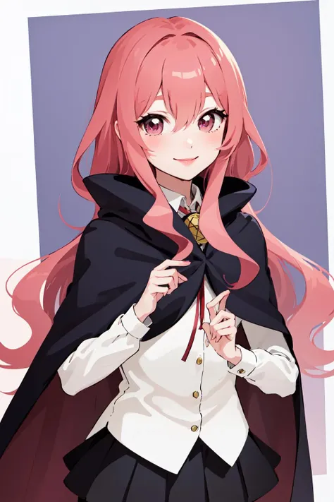 louise zero default, louise francoise le blanc de la valliere, <lora:Louise Zero_v0.2:1>, 1girl, solo, smile, black thighhighs, pentacle, zettai ryouiki, cape, long hair, pink hair, wavy hair, pink eyes, black skirt, standing, hair between eyes